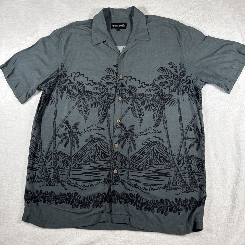 Ocean Pacific Dark‎ Teal Hawaii Shirt Palm Tree Print Rayon Made in Korea